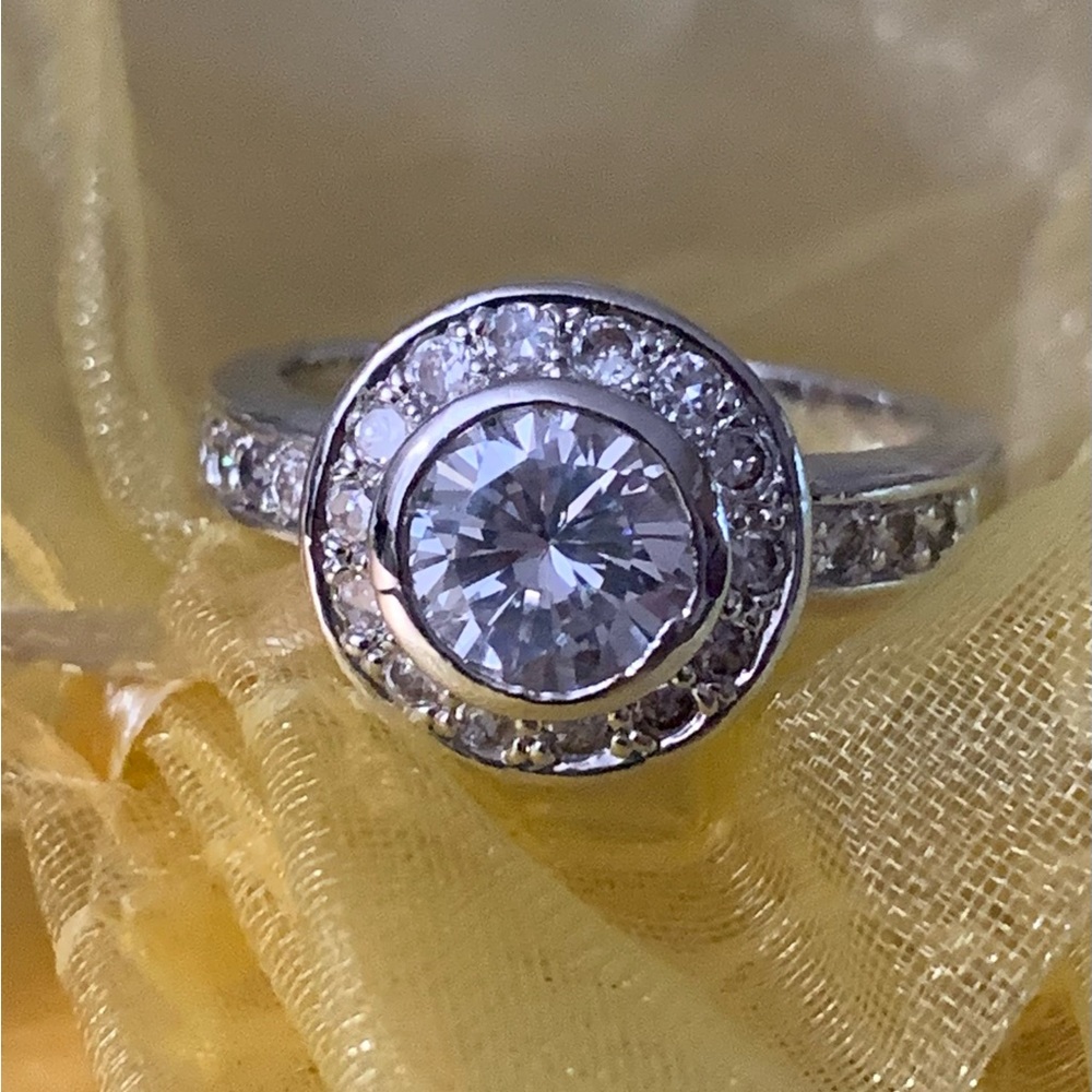 Halo Round CZ Channel Set Silver Ring 8 w/Gift Bag
